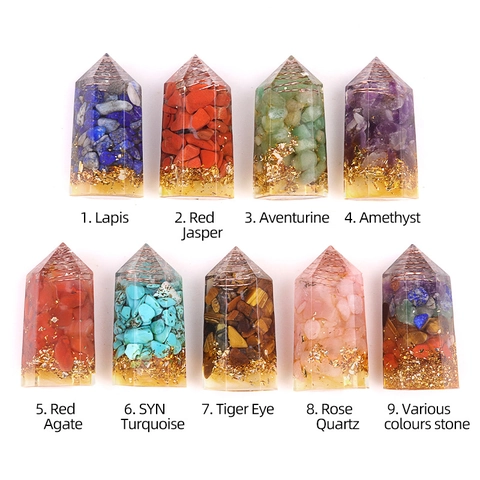 Orgonite Cristallo Punta Pilastro Esagonale Resina Ornamento da Scrivania Pietra Naturale Foglia Oro Bobina Rame Meditazione
