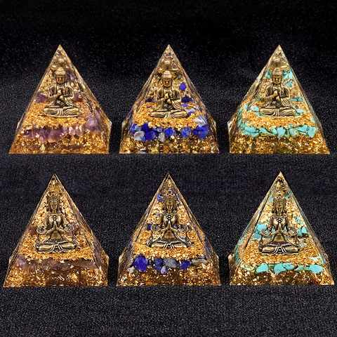 Orgone Pyramid With Buddha Shiva Statue Gold Foil Resin Energy Pyramid Amethyst Lapis Lazuli Healing Crystal Home Office Decor