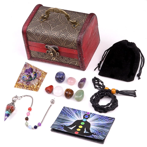 Heilkristall-Set Mit Orgonit-Pyramide 7 Chakra Trommelsteine Harz-Pendel Holz-Geschenkbox Für Meditation Energie Yoga