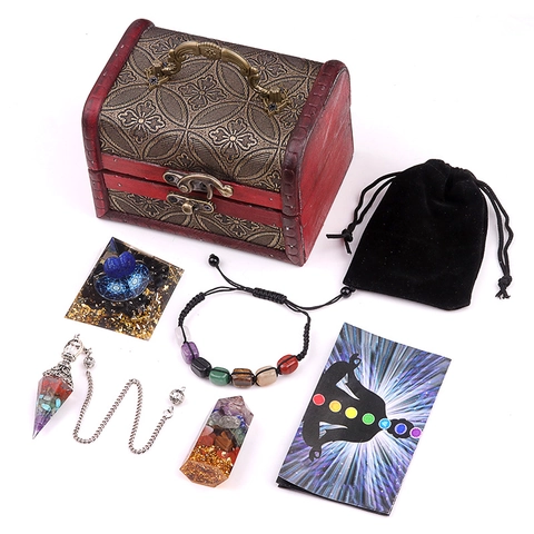 Cristal de Sanación Natural Meditación Pirámide de Orgón Pilar Hexagonal Péndulo Pulsera Con Caja de Madera Vintage Chakra