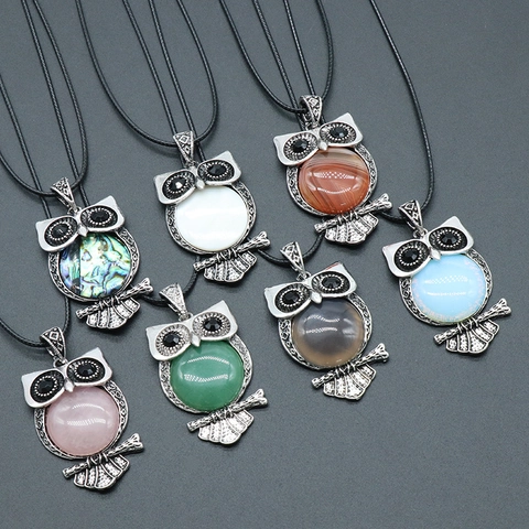 Vintage Owl Pendant Necklace For Women Alloy Inlaid Rose Quartz Aventurine Agate Natural Stone Retro Animal Jewelry Gift