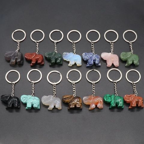 Hand Carved Natural Synthetic Crystal Agate Elephant Stone Keychain Lucky Animal Bag Charm Carved Gemstone Pendant Accessory