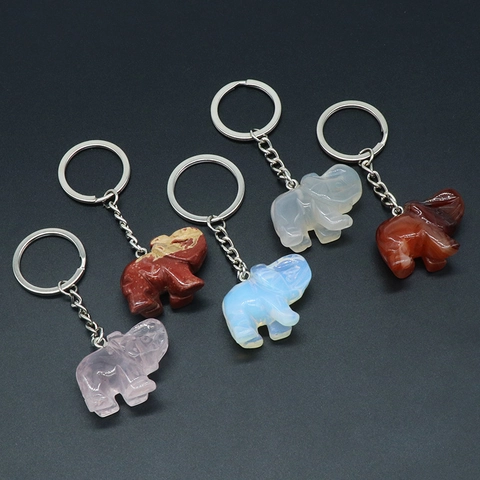Hand Carved Natural Synthetic Crystal Agate Elephant Stone Keychain Lucky Animal Bag Charm Carved Gemstone Pendant Accessory