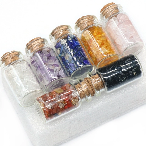 7Pcs Natural Crystal Stone Mini Wishing Bottle Set Multicolor Tumbled Gemstones Chips With Cork Glass Drift Bottle For Home Decor Gift