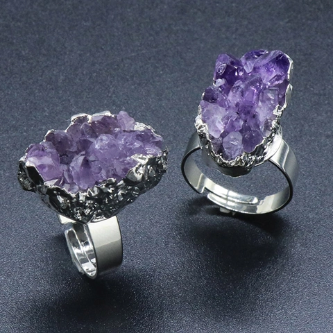 Natural Amethyst Raw Stone Ring Crystal Cluster Mineral Gilded Edge Irregular Tooth Adjustable Open Finger Ring Jewelry