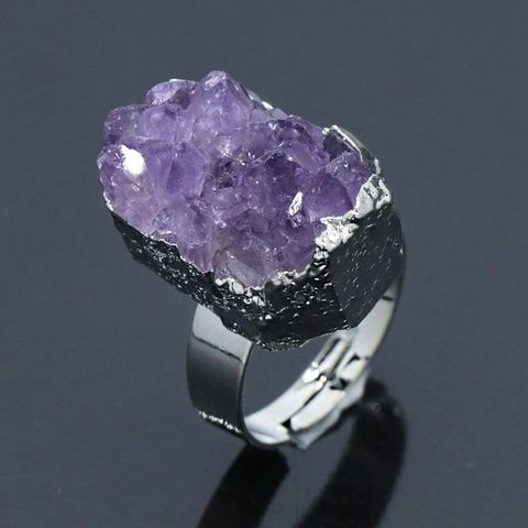 Natural Amethyst Raw Stone Ring Crystal Cluster Mineral Gilded Edge Irregular Tooth Adjustable Open Finger Ring Jewelry