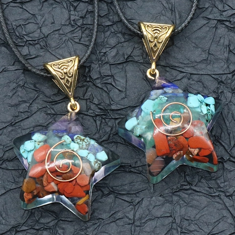Natural Crystal Chips Pentagram Resin Orgone Pendant Necklace With Copper Spiral Healing Energy Stone Star Jewelry For Women Men