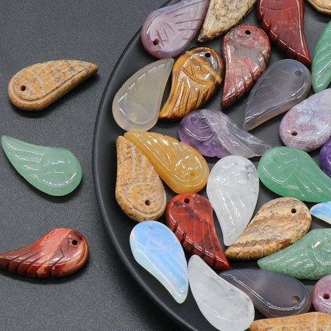 Natural Stone Carved Angel Wing Feather Pendant For DIY Jewelry Making Amethyst Rose Quartz Tiger Eye Crystal Charms