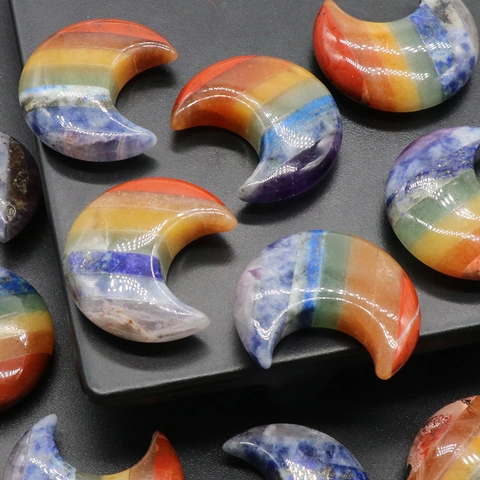 Natural 7 Chakra Spliced Healing Crystal Crescent Moon Ornament Polished Rainbow Reiki Balancing Meditation Small Decor