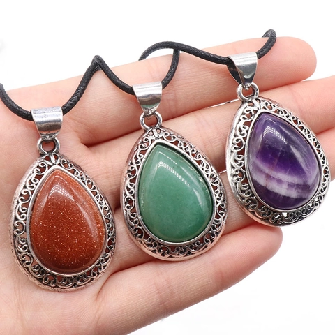 Vintage Water Drop Natural Crystal Agate Pendant Necklace Alloy Hollow Filigree Teardrop Gemstone Ethnic Women Jewelry