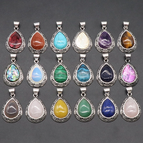 Vintage Water Drop Natural Crystal Agate Pendant Necklace Alloy Hollow Filigree Teardrop Gemstone Ethnic Women Jewelry