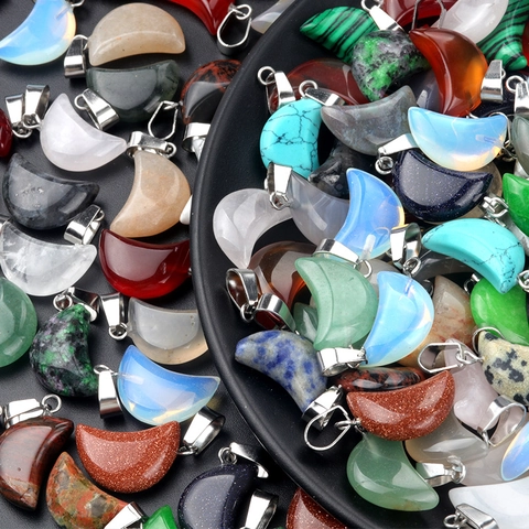 Crescent Moon Pendant Natural Stone Gemstone Moon Charm Agate Quartz Crystal Healing Stone Pendant For Necklace DIY Jewelry Making