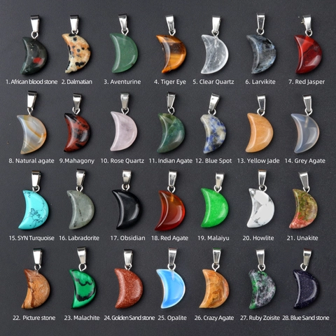 Crescent Moon Pendant Natural Stone Gemstone Moon Charm Agate Quartz Crystal Healing Stone Pendant For Necklace DIY Jewelry Making