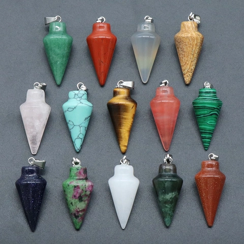 Conical Natural Stone Pendant Necklace Agate Tiger Eye Crystal Pendulum For DIY Jewelry Making Accessories Gift