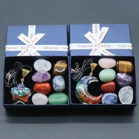 Heilende Kristall Harz Anhänger Halskette Set Mit Mond Stern Form Natur Energie Stein Chakra Reiki Spirituelle Schmuck Geschenkbox