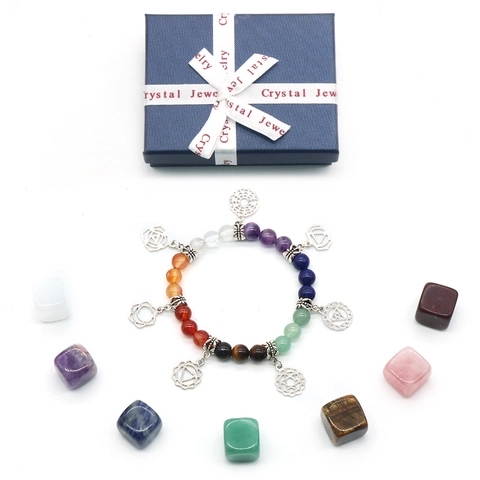 Piedra Natural 7 Chakra Cristal Curativo Pulsera Y Piedras Brutas Pulidas Combinadas Con Caja De Regalo Amatista Yoga Joyería