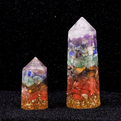 7 Chakra Natural Stone Resin Orgonite Hexagonal Crystal Pillar Healing Energy Tower Gold Foil Desk Ornament For Home Decor