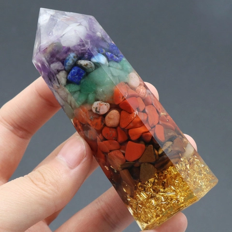 7 Chakra Natural Stone Resin Orgonite Hexagonal Crystal Pillar Healing Energy Tower Gold Foil Desk Ornament For Home Decor