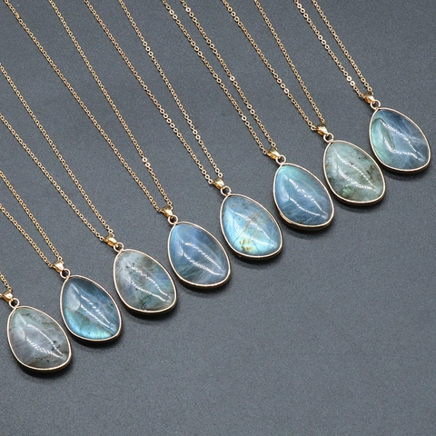Collar con Colgante de Gota de Labradorita Natural Borde de Aleación Chapado en Oro Piedra de Luna Gris Azul Unisex Joyería Vintage