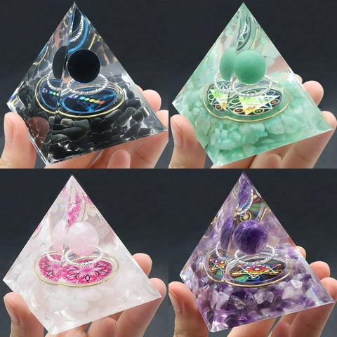 Naturstein Orgonit Energie Pyramide Meditation Ornament Amethyst Obsidian Harz Kristallkugel Büro Zuhause Schreibtisch Deko