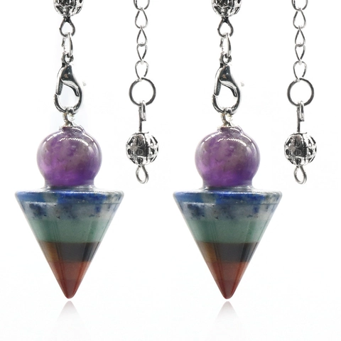 Seven Chakra Natural Stone Spliced Cone Pendulum Pendant Necklace Healing Crystal Spirit Pendulum For Meditation Women Men Jewelry