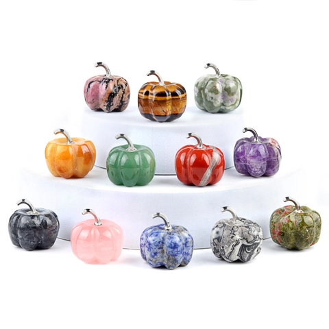 Natural Crystal Stone Pumpkin Desktop Ornament Polished Healing Stone Decorative Figurine For Halloween Thanksgiving Home Office