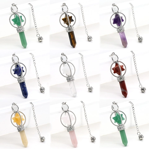 Natural Stone Merkaba Star Hexagonal Pillar Pendulum Necklace Amethyst Rose Quartz Spiritual Healing Crystal Alloy Jewelry