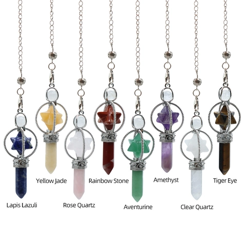 Natural Stone Merkaba Star Hexagonal Pillar Pendulum Necklace Amethyst Rose Quartz Spiritual Healing Crystal Alloy Jewelry