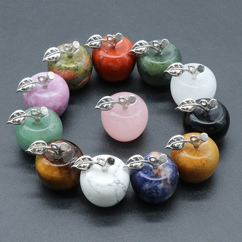 Apple Shape Semi-Precious Stone Pendants Polished Natural Crystal Healing Stone Metal Leaf Charms For Jewelry Making DIY Ornaments