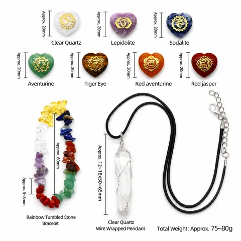 Chakra Healing Crystal Set Natural Polished Heart Stone With White Crystal Pendant Chip Bracelet Meditation Gift Box