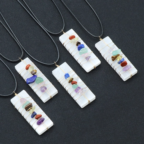 Handmade 7 Chakra Stone Wire Wrapped Selenite Crystal Pendant Necklace Healing Stone Boho Jewelry For Women Men