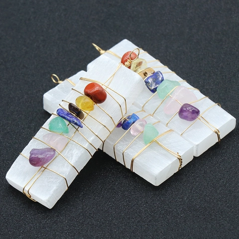 Handmade 7 Chakra Stone Wire Wrapped Selenite Crystal Pendant Necklace Healing Stone Boho Jewelry For Women Men