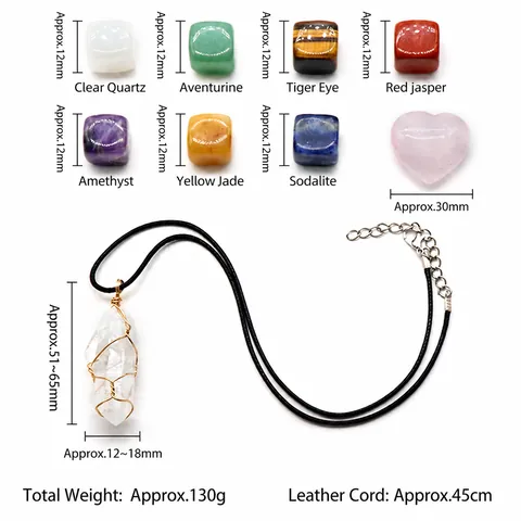 Natuursteen Yoga Zeven Chakra Kristallen Set Met Gepolijste Kubussen Hartsteen En Omwikkelde Hanger Ketting Healing Cadeaubox