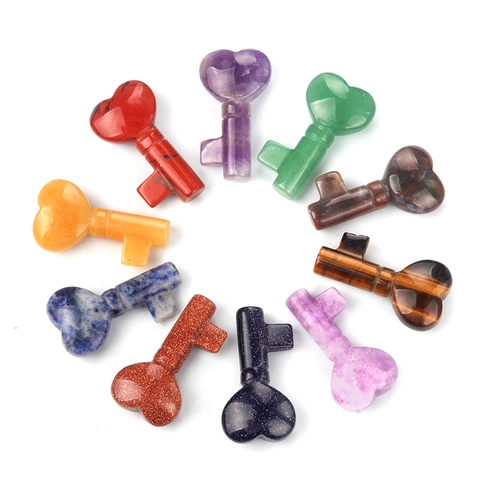 Natural Crystal Agate Heart Key Carved Stone Ornament Amethyst Rose Quartz Healing Crystal Key Figurine Home Office Decor