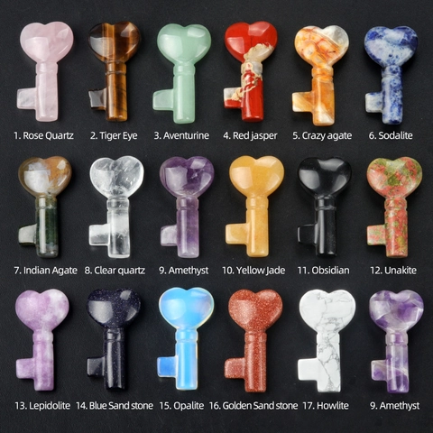 Natural Crystal Agate Heart Key Carved Stone Ornament Amethyst Rose Quartz Healing Crystal Key Figurine Home Office Decor