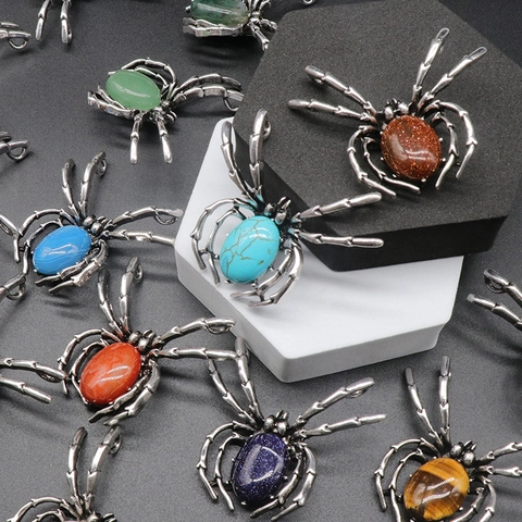 Spilla Ragno in Lega Vintage Ciondolo Intarsiato Pietra Naturale Agata Cristallo Spille Animali Gotici Regalo di Halloween Donna