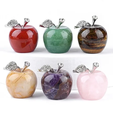 Natural Stone Crystal Apple Figurine Home Decor Ornament With Rhinestone Inlaid Alloy Leaf Polished Gemstone Sculpture Christmas Gift