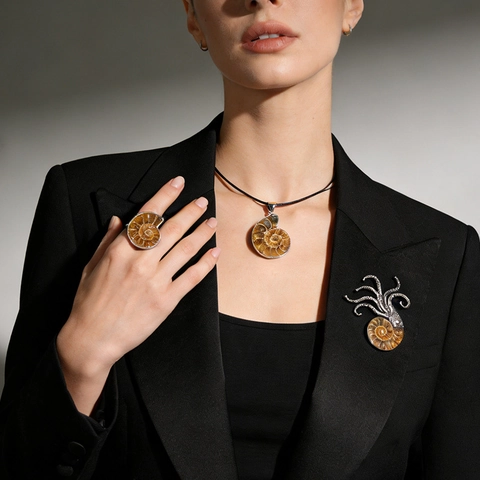 Vintage Natural Ammolite Shell Fossil Jewelry For Women Silver Wrapped Nautilus Ammonite Pendant Necklace Octopus Brooch Adjustable Ring Creative Ocean Jewelry