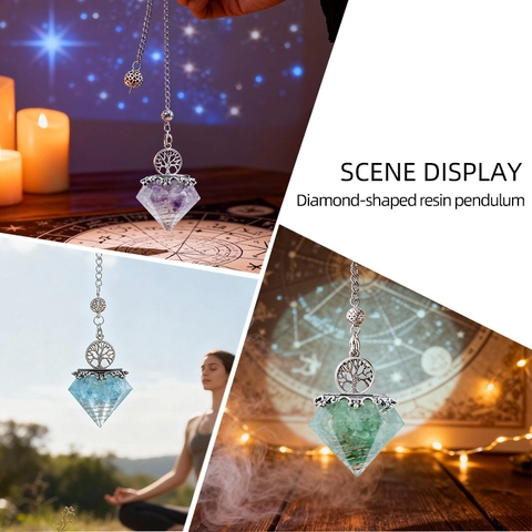Tree Of Life Natural Crystal Chip Resin Pendulum Necklace Vintage Boho Rhombus Healing Stone Pendant Jewelry For Women
