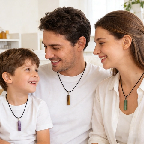 Collier Pendentif Cylindre en Pierre Naturelle Bijoux Minimalistes en Améthyste Oeil de Tigre Pendentifs en Cristal avec Corde