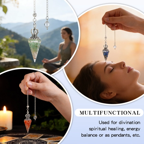 Vintage Natural Crystal Stone Resin Hexagonal Pyramid Pendulum Pendant Necklace With Crown Metal Cover Yoga Meditation Jewelry