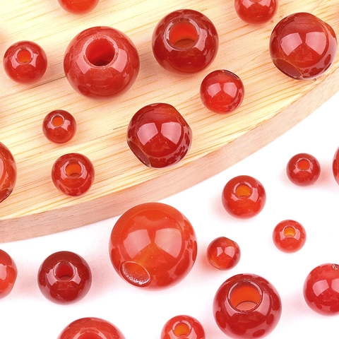 Natural Red Agate Round Beads Large Hole Polished Stone Loose Beads For DIY Jewelry Making Bracelets Necklaces Handicrafts