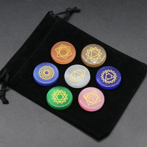 Polished Synthetic Cat Eye Chakra Stones Engraved Golden Symbols Healing Crystals And Velvet Bag