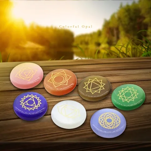 Polished Synthetic Cat Eye Chakra Stones Engraved Golden Symbols Healing Crystals And Velvet Bag