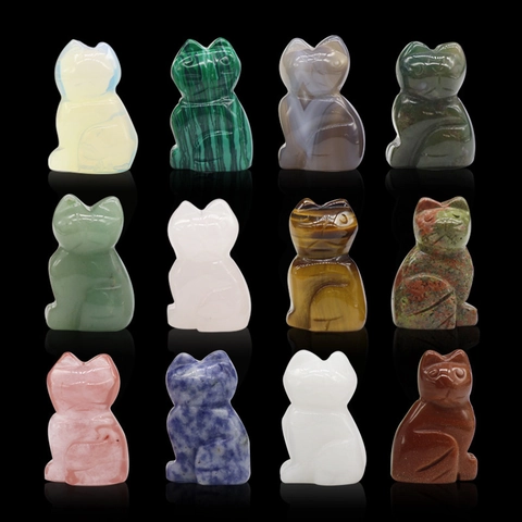 Figurines de Chat Sculptées en Pierre Gemme de Cristal Naturel Mixte Œil de Tigre Quartz Rose Améthyste Ornements pour Décoration Bureau