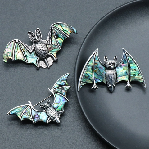 Vintage Legering Abalone Schelp Vleermuis Broche Voor Vrouwen Gotisch Halloween Antiek Zilver Dier Speld Irillerend Schelp Inleg Sieraden Cadeau