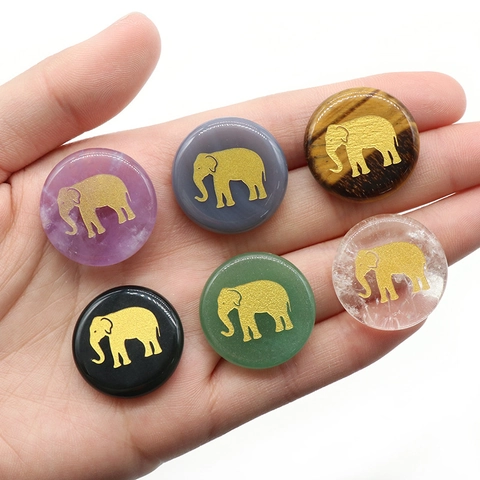 Piondoli in Agata Cristallo Naturale Incisi con Elefante d'Oro 25mm Tondi Cabochon in Pietre Semipreziose Fai da Te