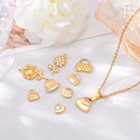 Stainless Steel Gold Plated Flower Handbag Hat Charms For DIY Jewelry Making Necklace Earring Bracelet Pendants Accessories