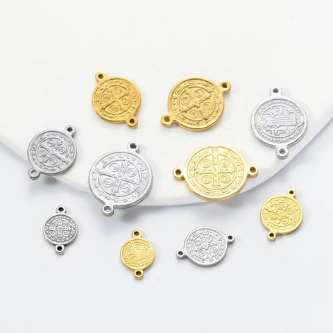 Roestvrijstalen Sint-Benedictusmedaille Religieuze Munt Hanger Dubbel Gat DIY Sieraden Connector Voor Armband Ketting Maken