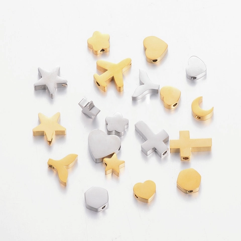 Perles Perforées en Acier Inoxydable Poli pour Création de Bijoux DIY Cœur Lune Étoile Avion Queue de Poisson
